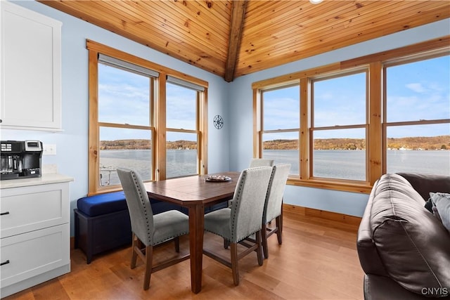 2310 Olanco Rd, Spafford, NY 13110 - dining room with wooden ceiling, light wood finished floors, plenty of natural light, and a water view