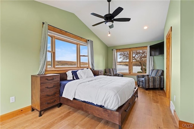 2310 Olanco Rd, Spafford, NY 13110 - bedroom featuring vaulted ceiling, light wood-style flooring, recessed lighting, baseboards, and a ceiling fan