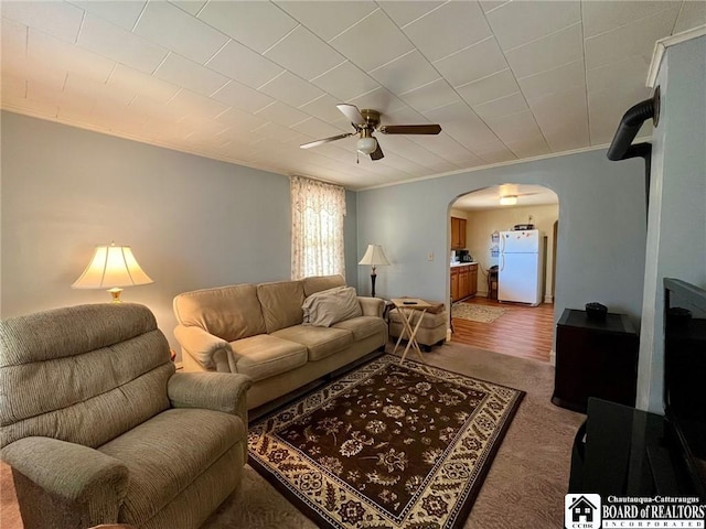 546 S Roberts Rd, Dunkirk-City, NY 14048 - living area with ornamental molding, a ceiling fan, arched walkways, and light carpet