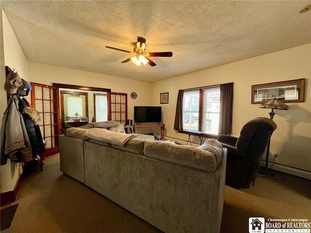 546 S Roberts Rd, Dunkirk-City, NY 14048 - carpeted living area featuring a baseboard radiator, ceiling fan, french doors, and a textured ceiling