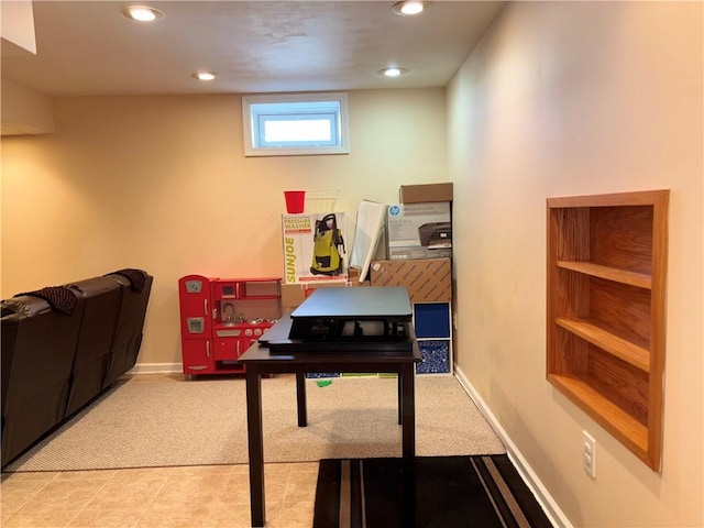 home office featuring carpet flooring, tile patterned floors, baseboards, and recessed lighting