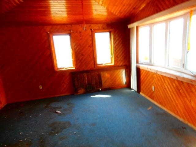 spare room featuring wood ceiling, wooden walls, and lofted ceiling