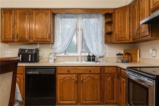 31 Briarcliff Dr, Horseheads, NY 14845 - kitchen with a sink, brown cabinetry, dishwasher, under cabinet range hood, and electric stove