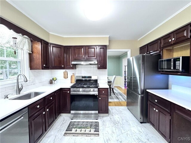 14 Barley Mow Run, New Hartford, NY 13413 - kitchen with light countertops, a sink, under cabinet range hood, stainless steel appliances, and marble finish floor