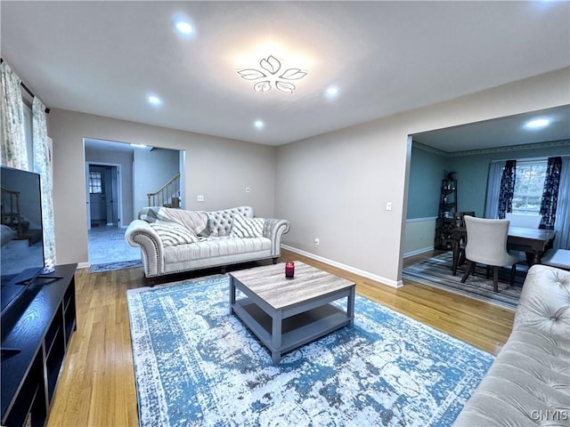 14 Barley Mow Run, New Hartford, NY 13413 - living area with light wood-style flooring, baseboards, stairs, and recessed lighting