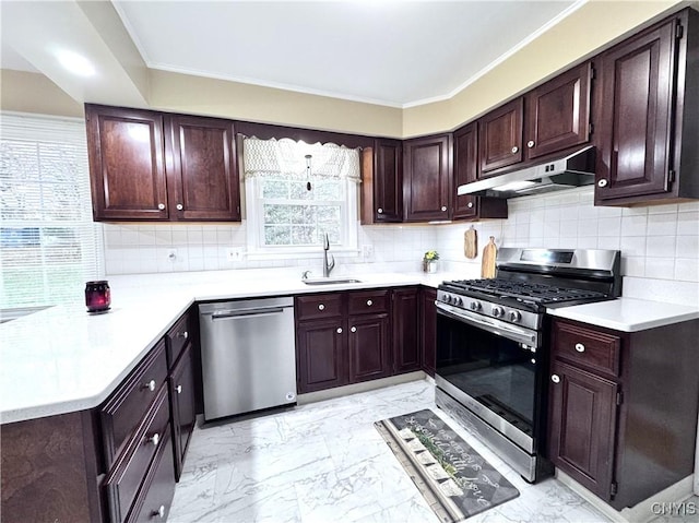 14 Barley Mow Run, New Hartford, NY 13413 - kitchen featuring light countertops, marble finish floor, stainless steel appliances, under cabinet range hood, and a sink