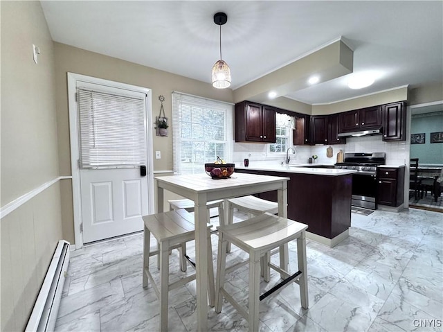 14 Barley Mow Run, New Hartford, NY 13413 - kitchen with marble finish floor, stainless steel range with gas stovetop, under cabinet range hood, and baseboard heating