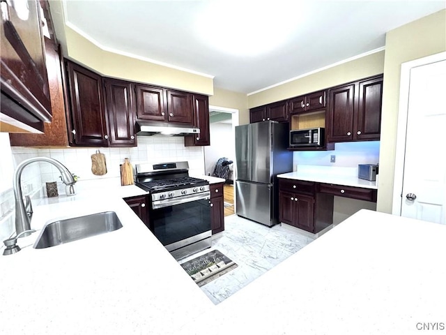 14 Barley Mow Run, New Hartford, NY 13413 - kitchen with light countertops, a sink, tasteful backsplash, appliances with stainless steel finishes, and under cabinet range hood