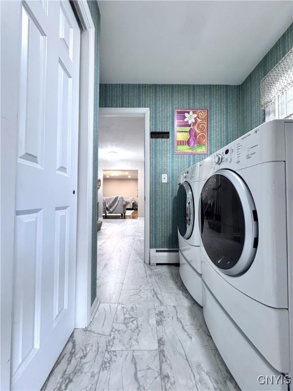 14 Barley Mow Run, New Hartford, NY 13413 - laundry area with washer and clothes dryer, a baseboard heating unit, marble finish floor, wallpapered walls, and laundry area