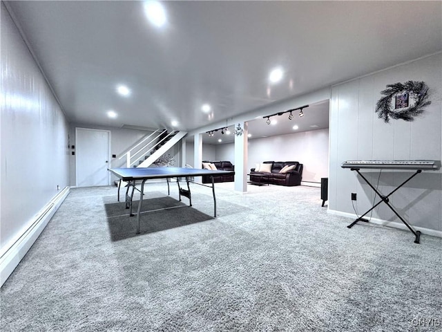 14 Barley Mow Run, New Hartford, NY 13413 - recreation room featuring a baseboard radiator, rail lighting, carpet flooring, and baseboards