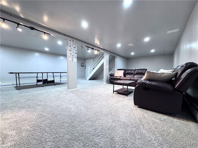 14 Barley Mow Run, New Hartford, NY 13413 - living area featuring rail lighting, carpet floors, recessed lighting, and stairway