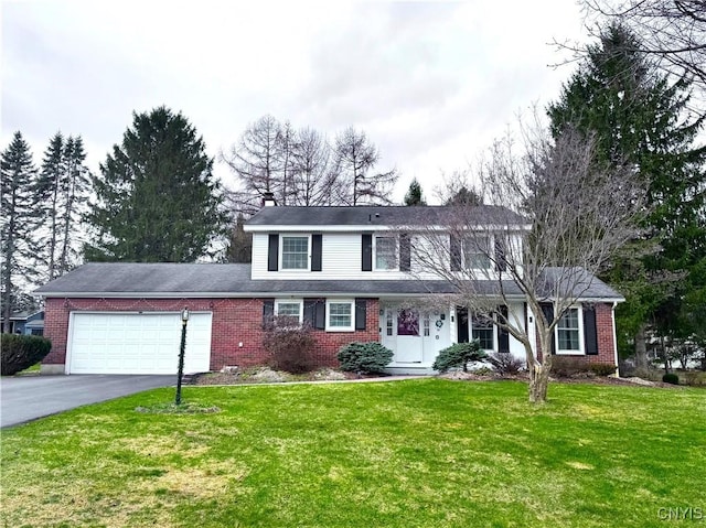 14 Barley Mow Run, New Hartford, NY 13413 - traditional-style house featuring an attached garage, a chimney, a front yard, brick siding, and driveway