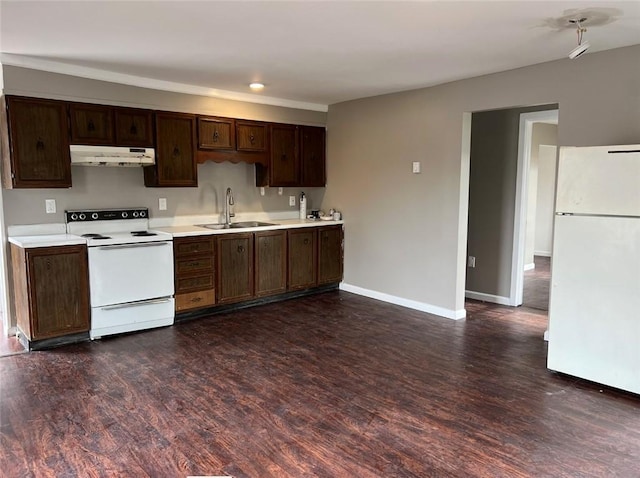200 Henry St, Montour, NY 14865 - kitchen featuring a sink, light countertops, white appliances, dark wood-style floors, and under cabinet range hood