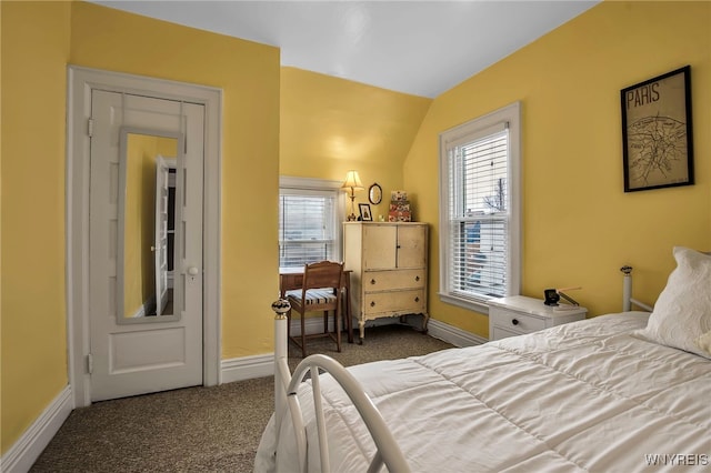 2831 S Park Ave, Lackawanna, NY 14218 - bedroom featuring dark carpet, baseboards, multiple windows, and lofted ceiling