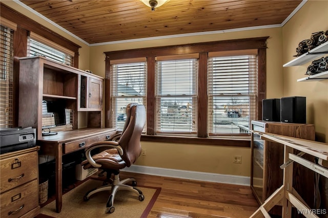 2831 S Park Ave, Lackawanna, NY 14218 - office area with baseboards, wood ceiling, ornamental molding, and wood finished floors
