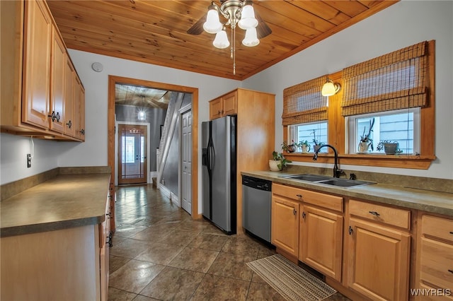 2831 S Park Ave, Lackawanna, NY 14218 - kitchen featuring fridge with ice dispenser, wooden ceiling, a sink, ceiling fan, and stainless steel dishwasher
