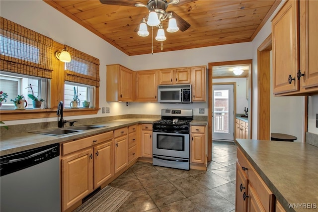 2831 S Park Ave, Lackawanna, NY 14218 - kitchen with ceiling fan, tile patterned flooring, appliances with stainless steel finishes, wooden ceiling, and a sink