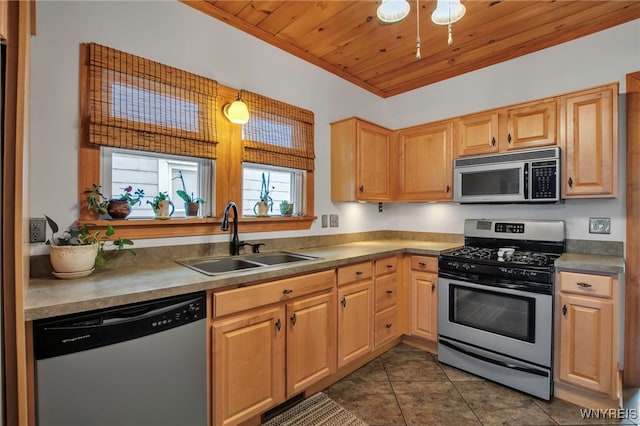 2831 S Park Ave, Lackawanna, NY 14218 - kitchen with dark tile patterned flooring, wood ceiling, a sink, and appliances with stainless steel finishes