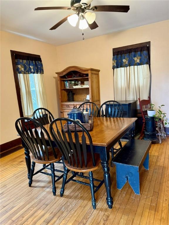 35 Sand St, Afton, NY 13730 - dining space featuring baseboards, light wood-type flooring, and a ceiling fan