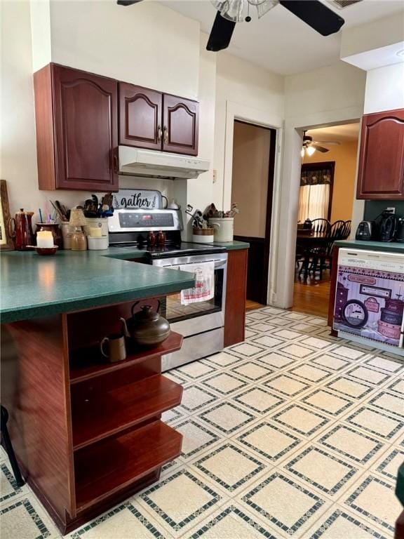 35 Sand St, Afton, NY 13730 - kitchen featuring stainless steel electric range oven, a ceiling fan, open shelves, dark countertops, and under cabinet range hood