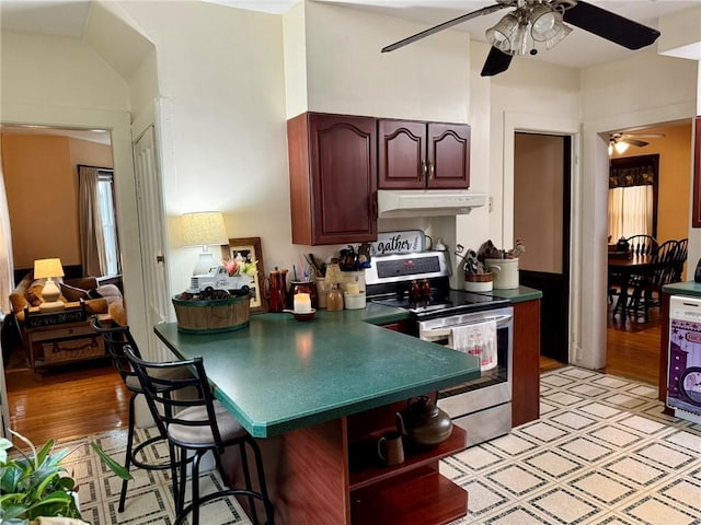35 Sand St, Afton, NY 13730 - kitchen featuring open shelves, ceiling fan, a breakfast bar, under cabinet range hood, and electric range