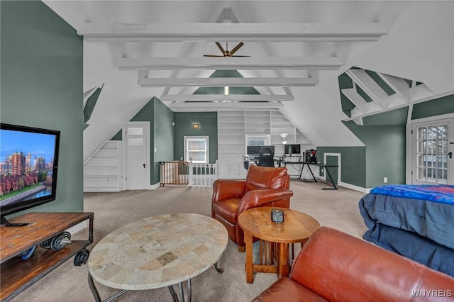 living area featuring carpet flooring, baseboards, built in features, an office area, and ceiling fan
