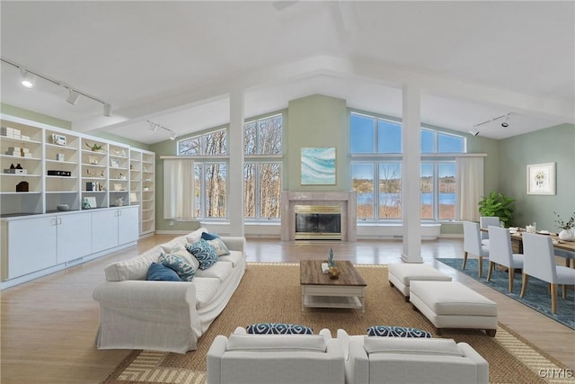 3158 W Lake Rd, Cazenovia, NY 13035 - living area with a tiled fireplace, track lighting, wood finished floors, and lofted ceiling
