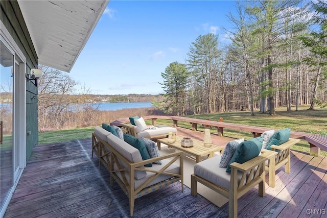 3158 W Lake Rd, Cazenovia, NY 13035 - wooden terrace with outdoor lounge area and a water view