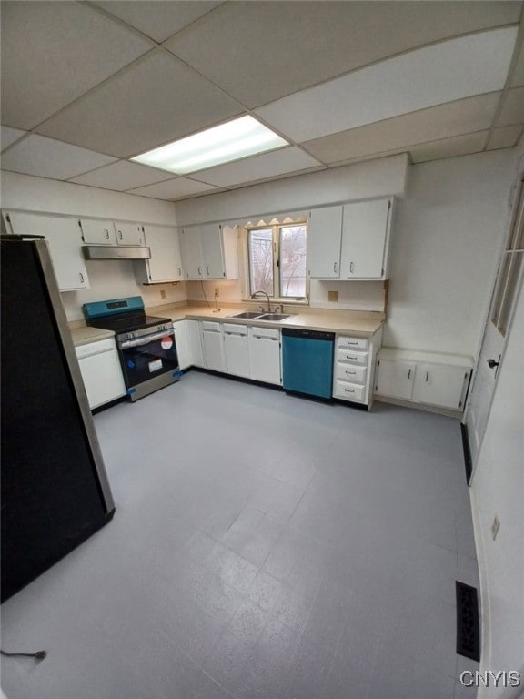482 Roe Ave, Elmira-City, NY 14901 - kitchen with dishwasher, light countertops, freestanding refrigerator, under cabinet range hood, and electric range