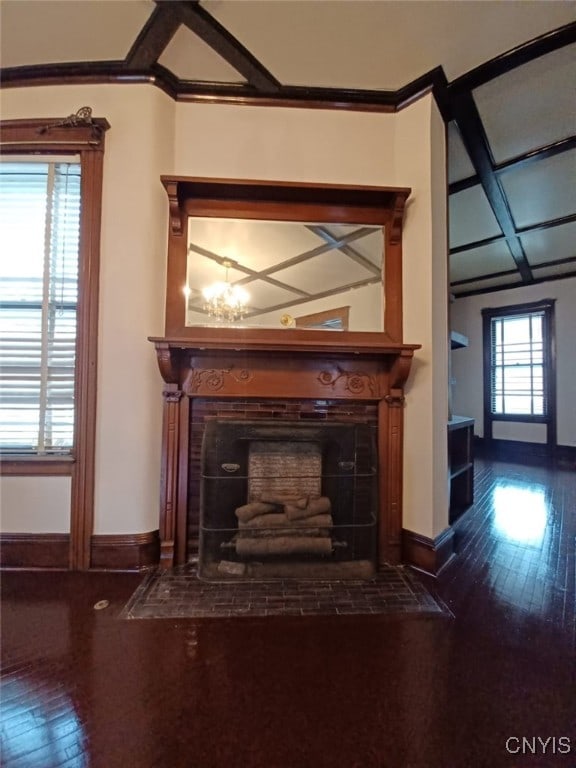 482 Roe Ave, Elmira-City, NY 14901 - room details featuring baseboards, coffered ceiling, wood finished floors, and a fireplace with flush hearth