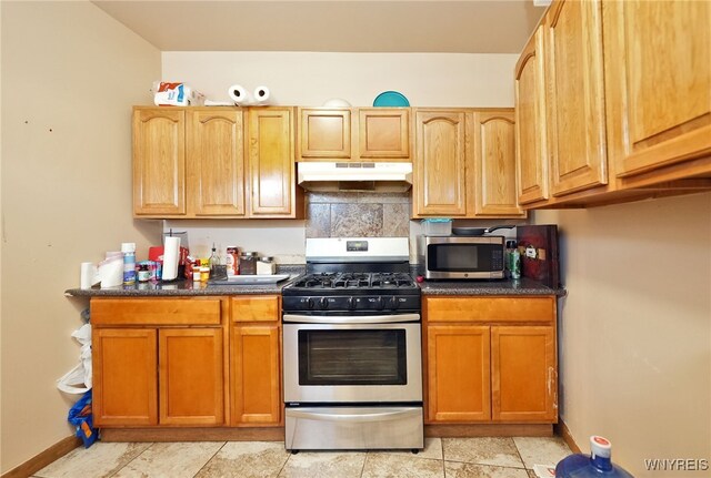 894 Tonawanda St, Buffalo, NY 14207 - kitchen featuring dark countertops, baseboards, appliances with stainless steel finishes, and under cabinet range hood