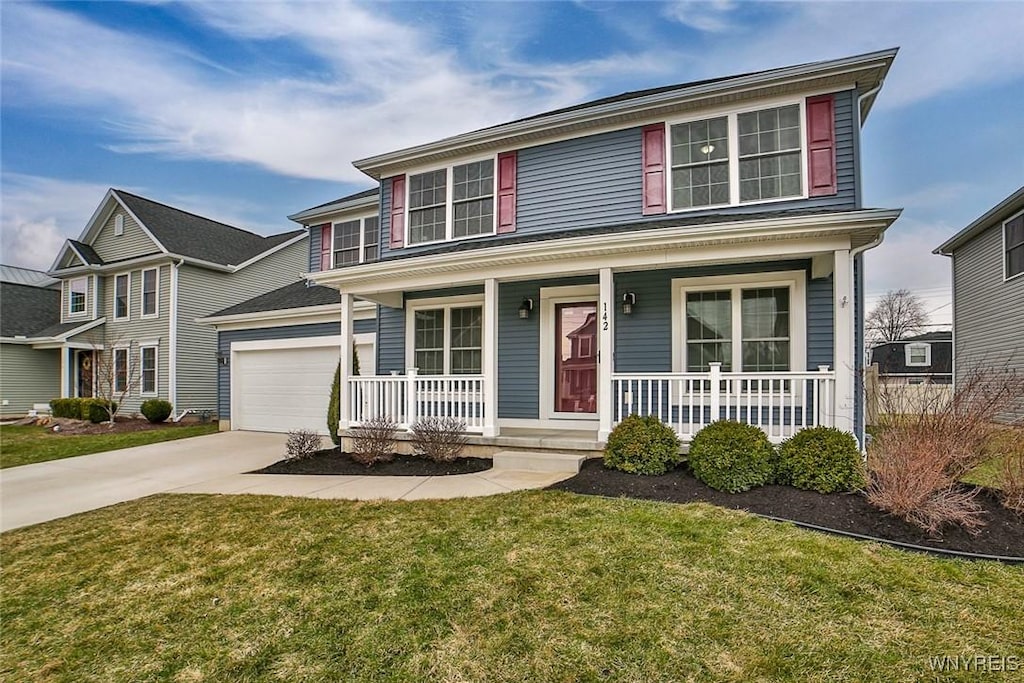 142 Rachel Vincent Way, Buffalo, NY 14216 - traditional home featuring a front lawn, an attached garage, covered porch, and concrete driveway