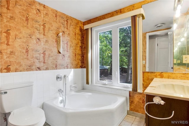 6634 Lake Shore Rd, Evans, NY 14047 - full bath featuring wallpapered walls, vanity, a bath, tile patterned floors, and a wainscoted wall