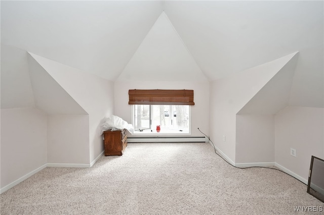 8784 Lake Shore Rd, Evans, NY 14006 - additional living space featuring a baseboard radiator, vaulted ceiling, carpet floors, and baseboards