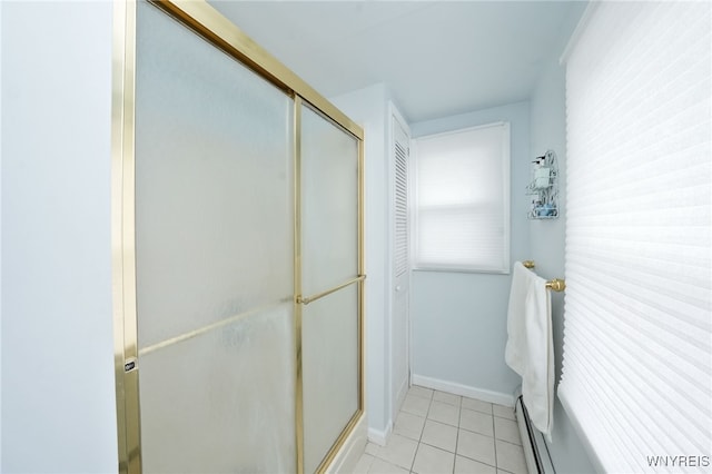 8784 Lake Shore Rd, Evans, NY 14006 - full bathroom with a baseboard radiator, a shower with door, tile patterned flooring, and baseboards