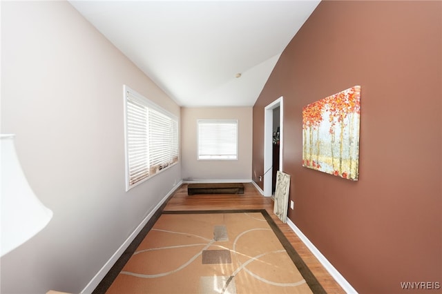 8784 Lake Shore Rd, Evans, NY 14006 - hallway featuring wood finished floors, lofted ceiling, and baseboards