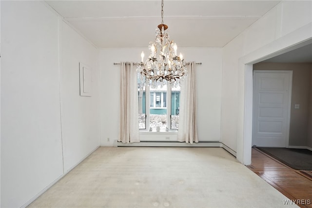 8784 Lake Shore Rd, Evans, NY 14006 - unfurnished dining area featuring a chandelier, a baseboard radiator, and wood finished floors