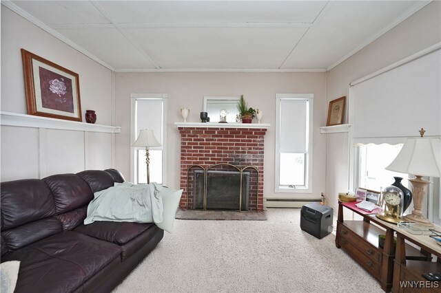 8784 Lake Shore Rd, Evans, NY 14006 - living area with a baseboard heating unit, carpet, a brick fireplace, crown molding, and a decorative wall
