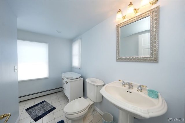 8784 Lake Shore Rd, Evans, NY 14006 - half bath with a baseboard heating unit, a sink, toilet, and tile patterned floors