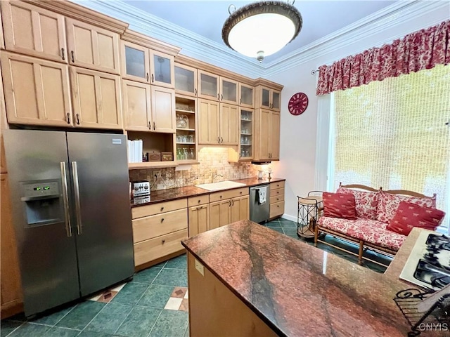 kitchen with open shelves, a sink, ornamental molding, appliances with stainless steel finishes, and decorative backsplash
