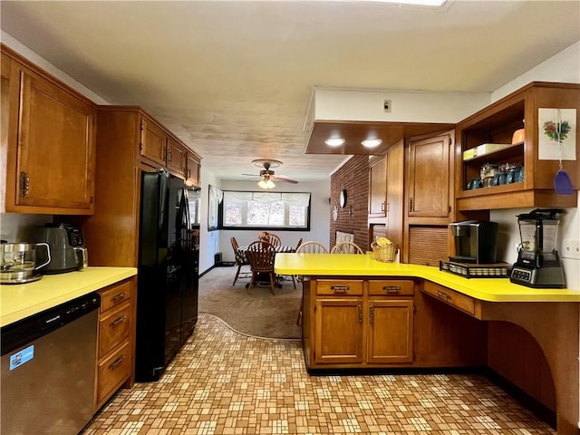 115 Forest Hills Dr, Elmira, NY 14905 - kitchen featuring a peninsula, light countertops, a ceiling fan, dishwasher, and black refrigerator with ice dispenser