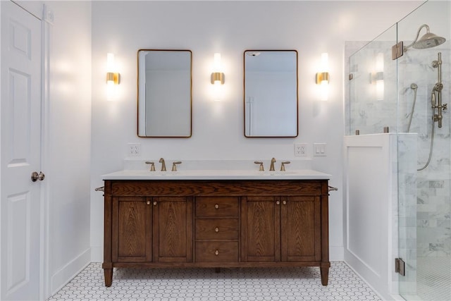 24 W 2nd St, Corning-City, NY 14830 - full bathroom with a sink, baseboards, double vanity, and a stall shower
