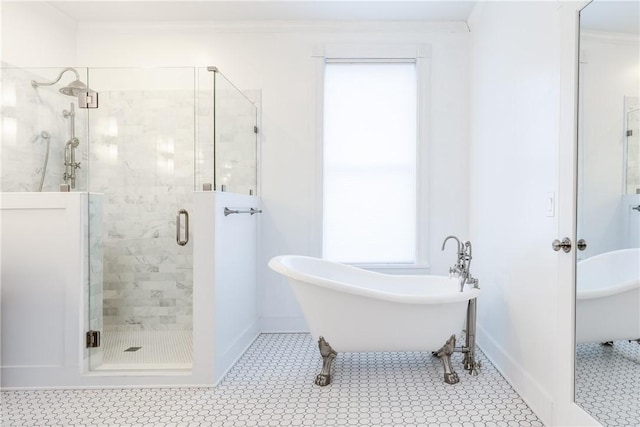 24 W 2nd St, Corning-City, NY 14830 - bathroom featuring a shower stall, tile patterned flooring, baseboards, and a soaking tub