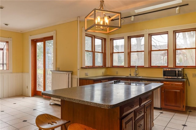 24 W 2nd St, Corning-City, NY 14830 - kitchen with a chandelier, stainless steel microwave, dark countertops, a sink, and black electric stovetop
