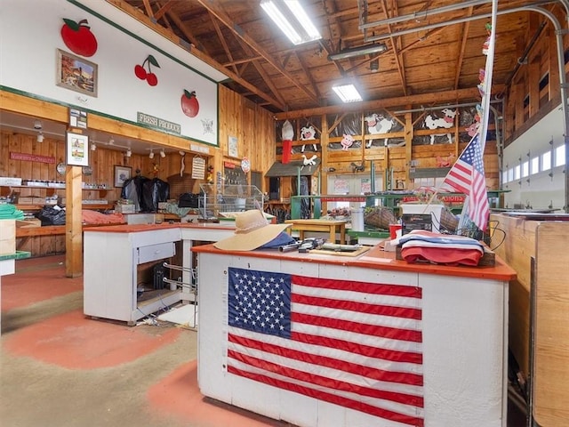 garage featuring wooden walls and a workshop area