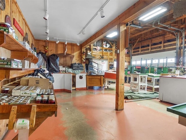 basement featuring track lighting, wood walls, and a workshop area