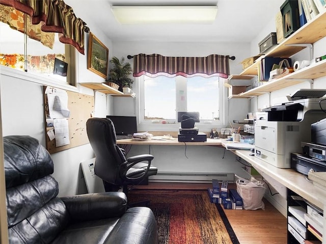 office space featuring wood finished floors and baseboard heating