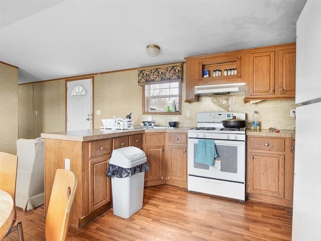 kitchen featuring light wood-style floors, white range with gas cooktop, tasteful backsplash, under cabinet range hood, and light countertops