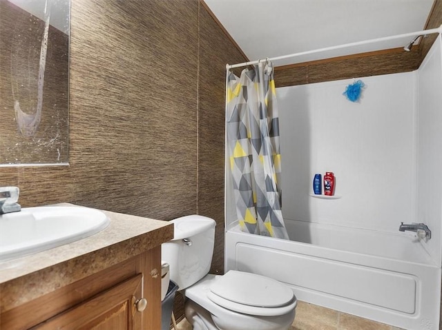 full bath featuring tile patterned flooring, shower / bathtub combination with curtain, vanity, and toilet