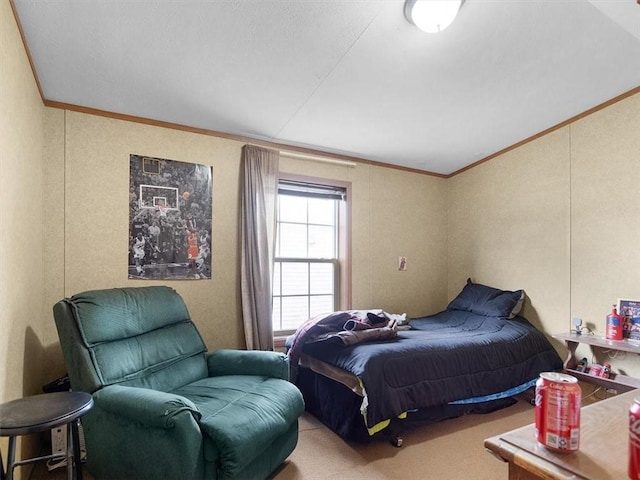 carpeted bedroom with ornamental molding